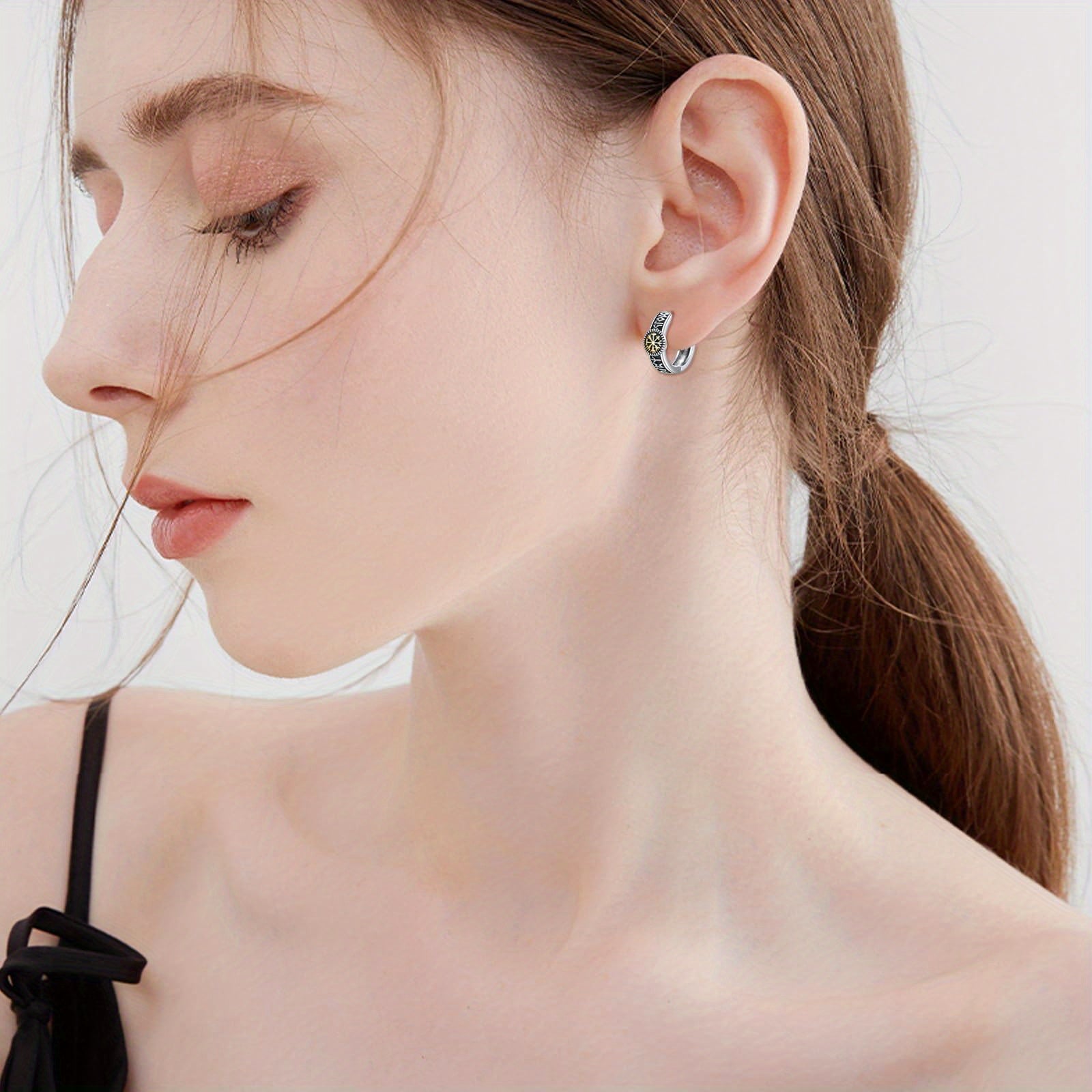 Viking Hoop Earrings for Men 925 Sterling Silver Viking Runes Earrings for Women Viking Jewelry 15mm Huggie Black Hoops