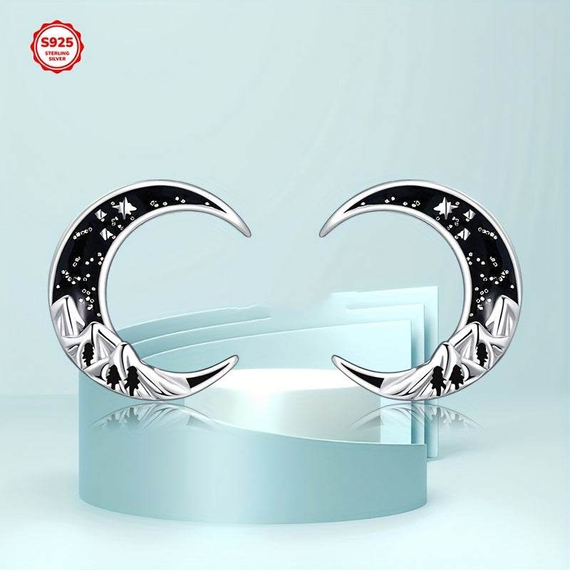 Black Mountain Moon Earrings for Women 925 Sterling Silvery Moon Stud Earrings Moon Jewelry