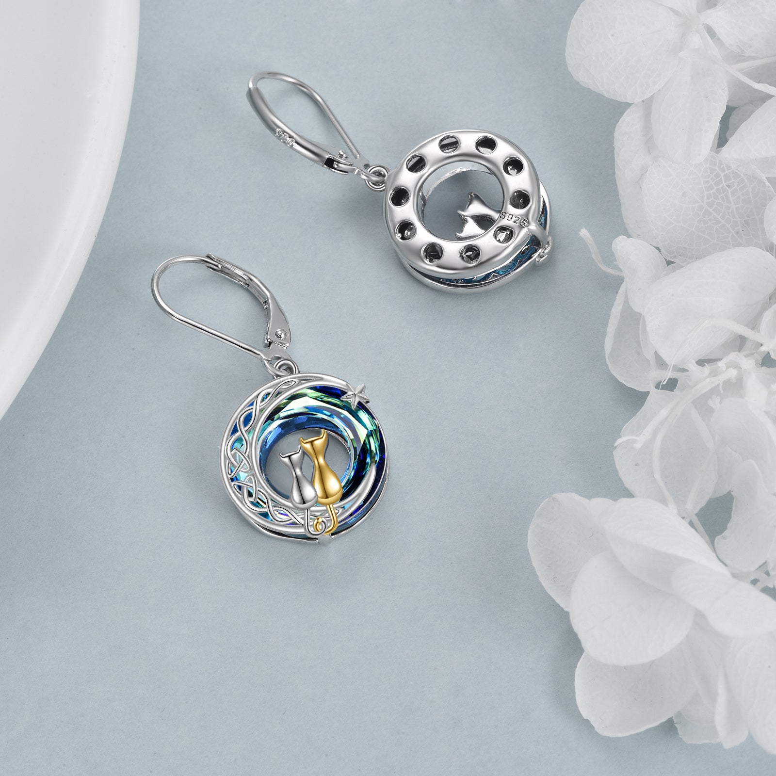 Blue Artificial Crystal Two Cat Earrings for Women - 925 Sterling Silver Moon Leverback Dangle Jewelry - Birthday Gifts for Her