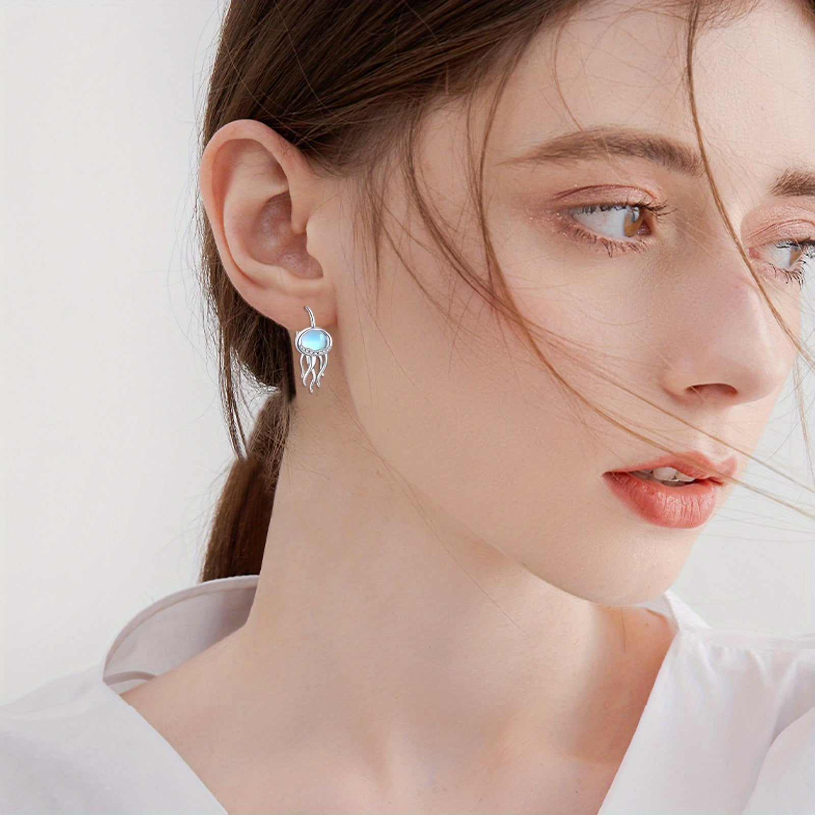 Jellyfish Earrings for Women 925 Sterling Silvery Synthetic Moonstone Leverback Earrings Ocean Hoop Bohemia Beach Jellyfish Jewelry