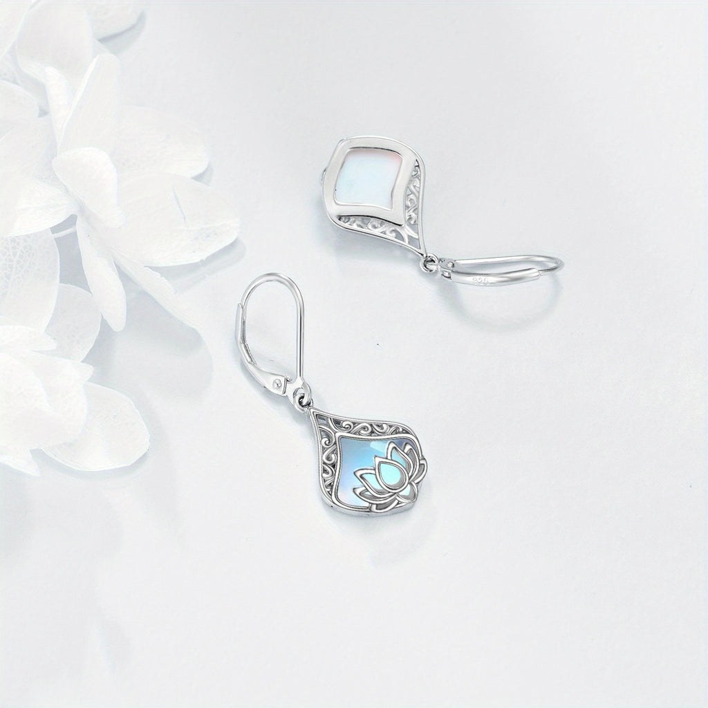 for Lotus Flower Earrings 925 Sterling Silvery Teardrop Synthetic Moonstone Dangle Earrings for Women for Lotus Jewelry Birthday