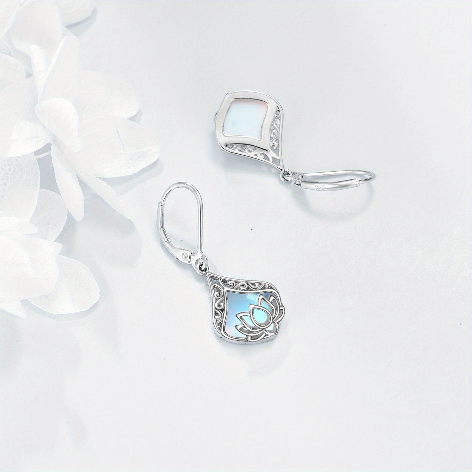 for Lotus Flower Earrings 925 Sterling Silvery Teardrop Synthetic Moonstone Dangle Earrings for Women for Lotus Jewelry Birthday