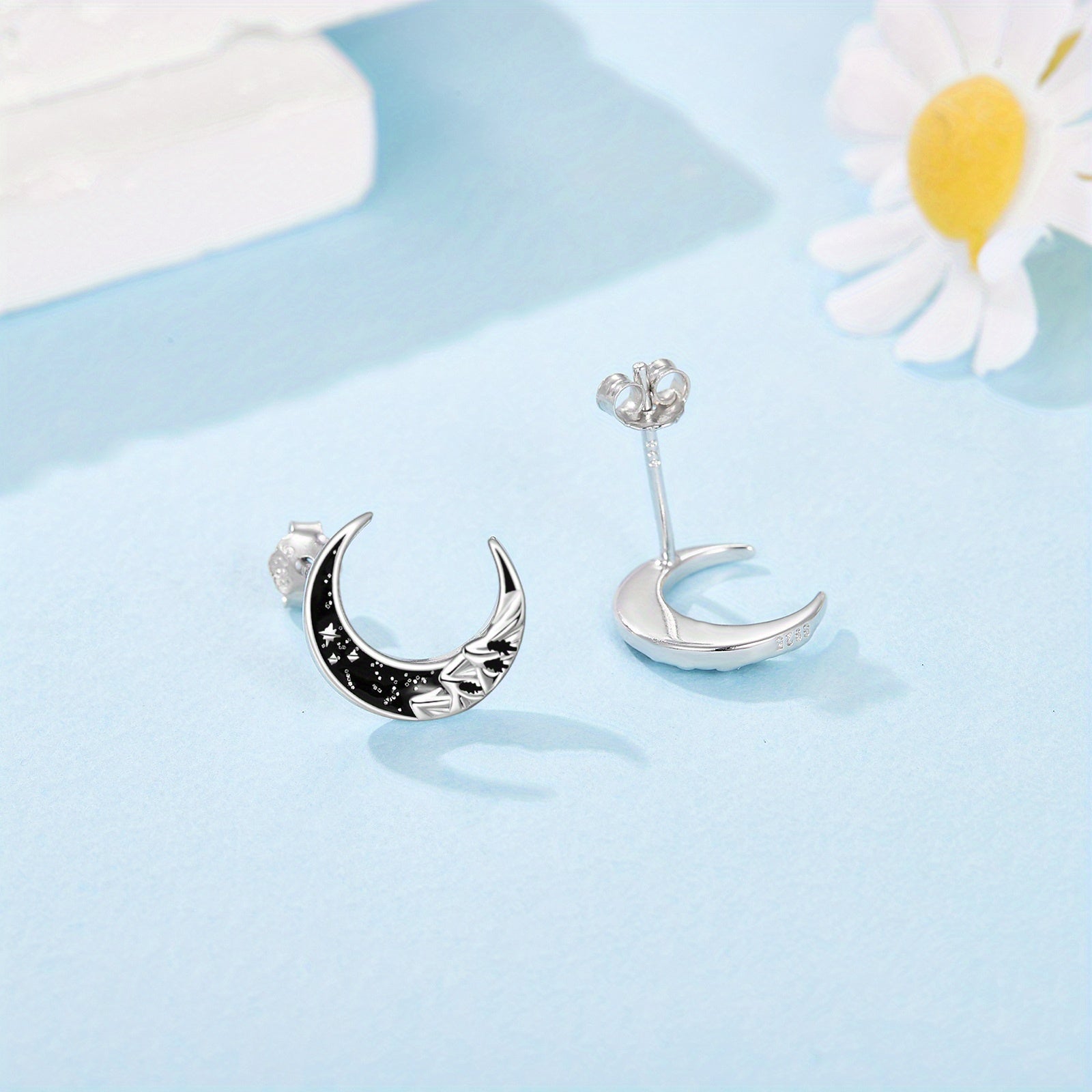 Black Mountain Moon Earrings for Women 925 Sterling Silvery Moon Stud Earrings Moon Jewelry