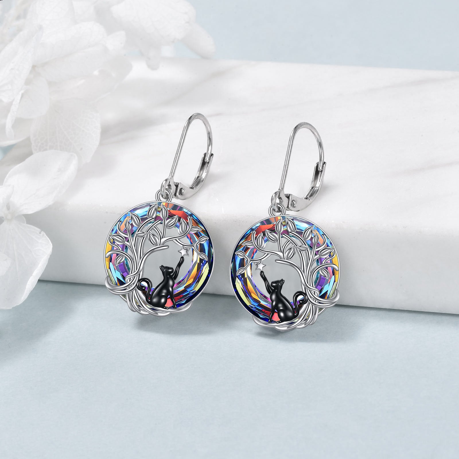 Black Cat Earrings for Women - 925 Sterling Silver Tree of Life Leverback Dangle Earrings with Volcano Artificial Crystal - Cat Jewelry Gifts for Birthday