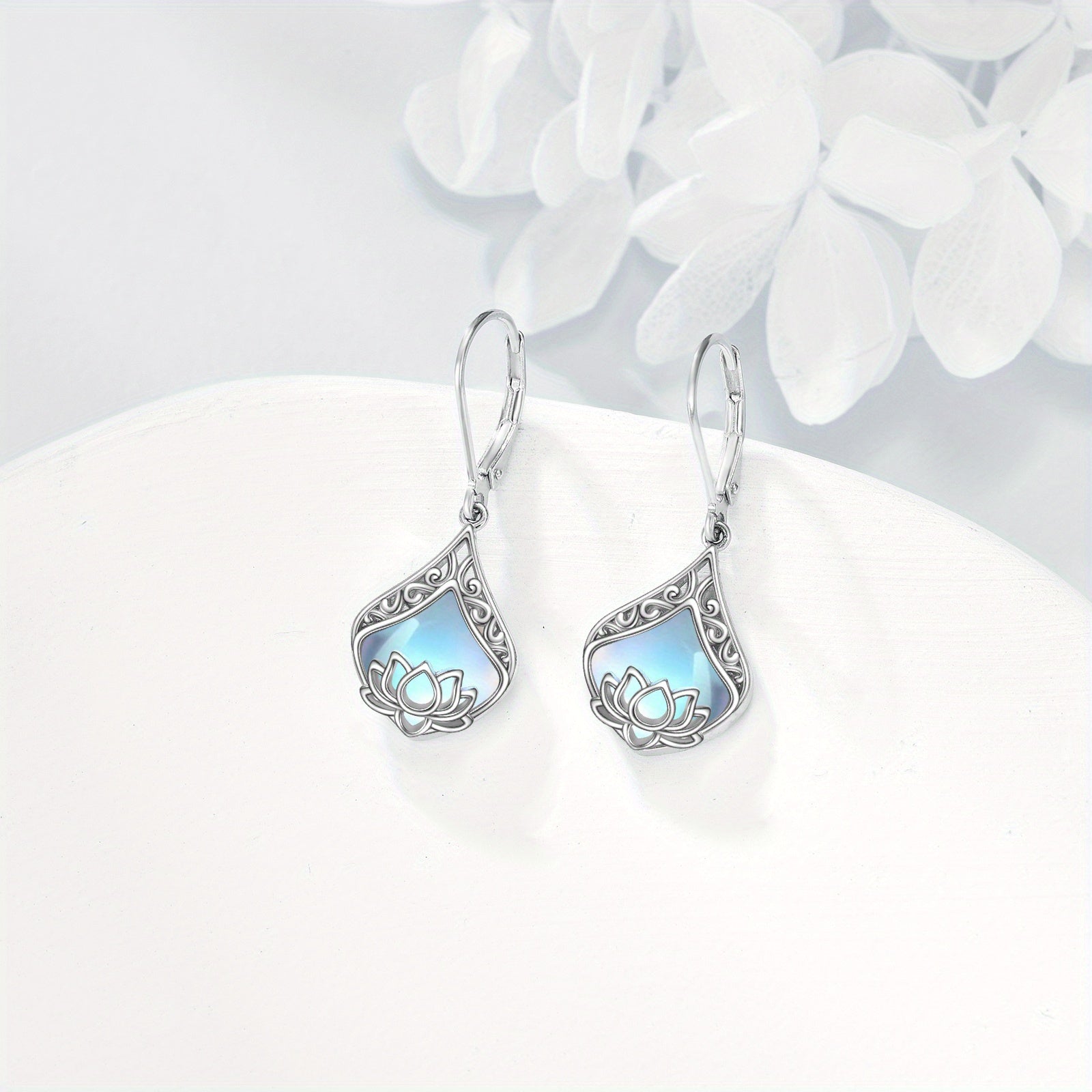for Lotus Flower Earrings 925 Sterling Silvery Teardrop Synthetic Moonstone Dangle Earrings for Women for Lotus Jewelry Birthday