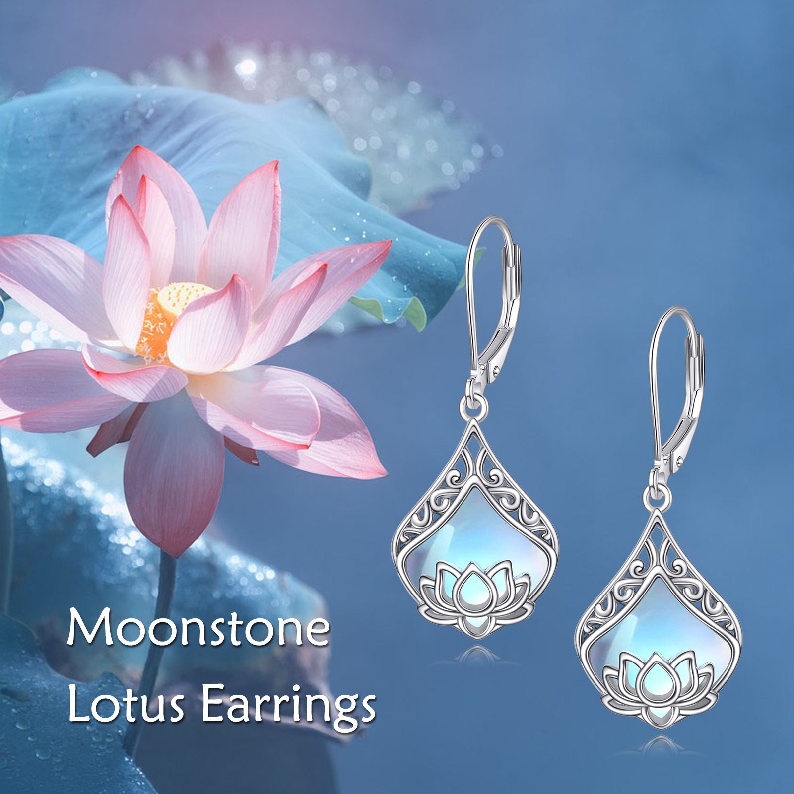 for Lotus Flower Earrings 925 Sterling Silvery Teardrop Synthetic Moonstone Dangle Earrings for Women for Lotus Jewelry Birthday