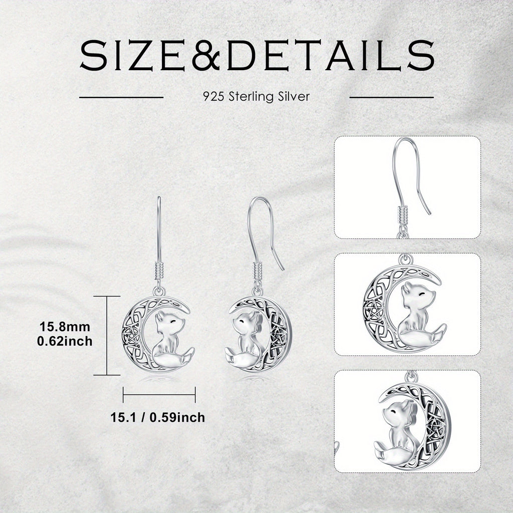 Moon Fox Earrings 925 Sterling Silver Celtic Fox Dangle Earrings Cute Animal Earrings Gift for Women