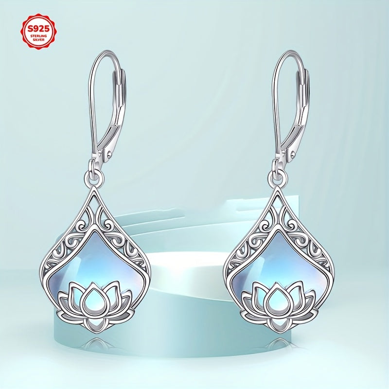 for Lotus Flower Earrings 925 Sterling Silvery Teardrop Synthetic Moonstone Dangle Earrings for Women for Lotus Jewelry Birthday