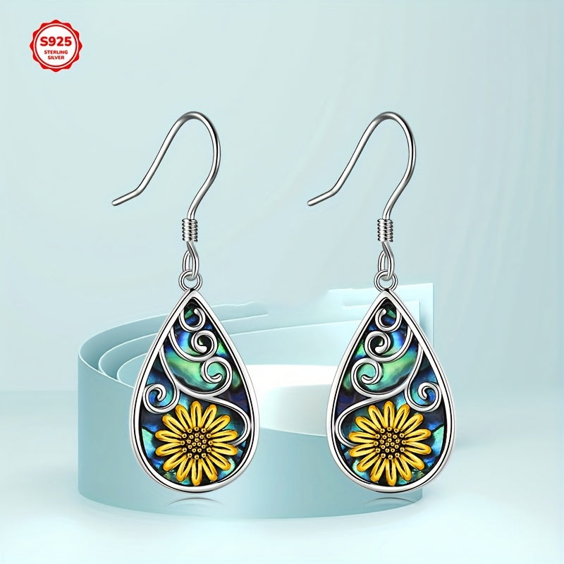 Sunflower Earrings for Women 925 Sterling Silver Teardrop Abalone Earrings Dangle Sunflower Jewelry Gifts Birthday