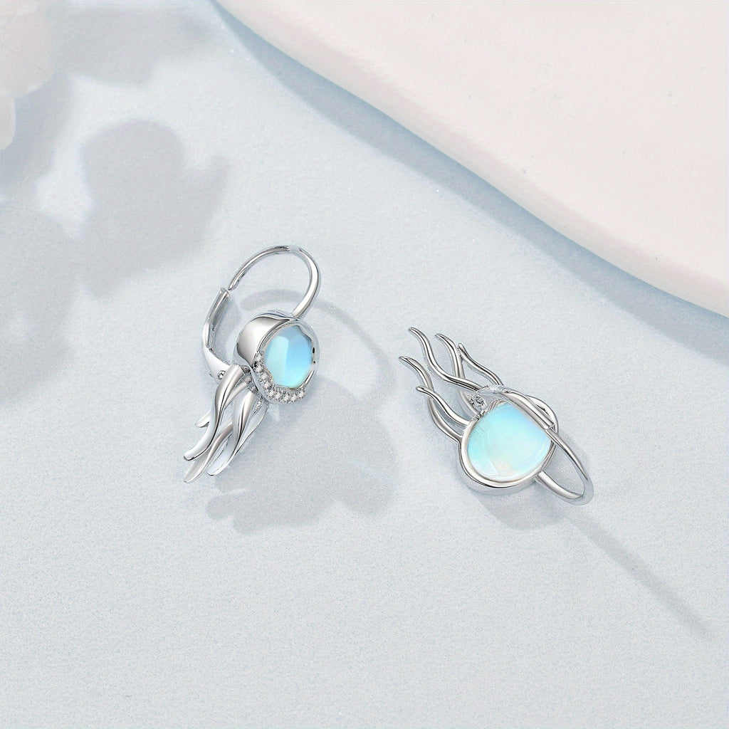 Jellyfish Earrings for Women 925 Sterling Silvery Synthetic Moonstone Leverback Earrings Ocean Hoop Bohemia Beach Jellyfish Jewelry