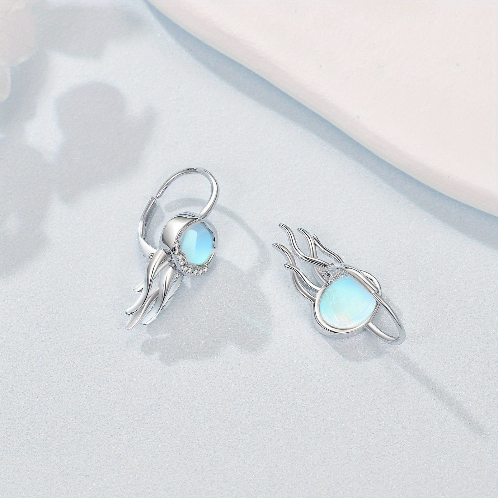 Jellyfish Earrings for Women 925 Sterling Silvery Synthetic Moonstone Leverback Earrings Ocean Hoop Bohemia Beach Jellyfish Jewelry