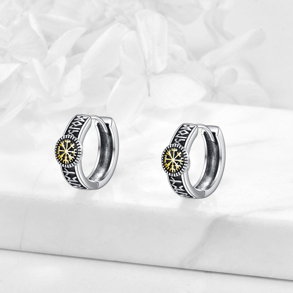Viking Hoop Earrings for Men 925 Sterling Silver Viking Runes Earrings for Women Viking Jewelry 15mm Huggie Black Hoops