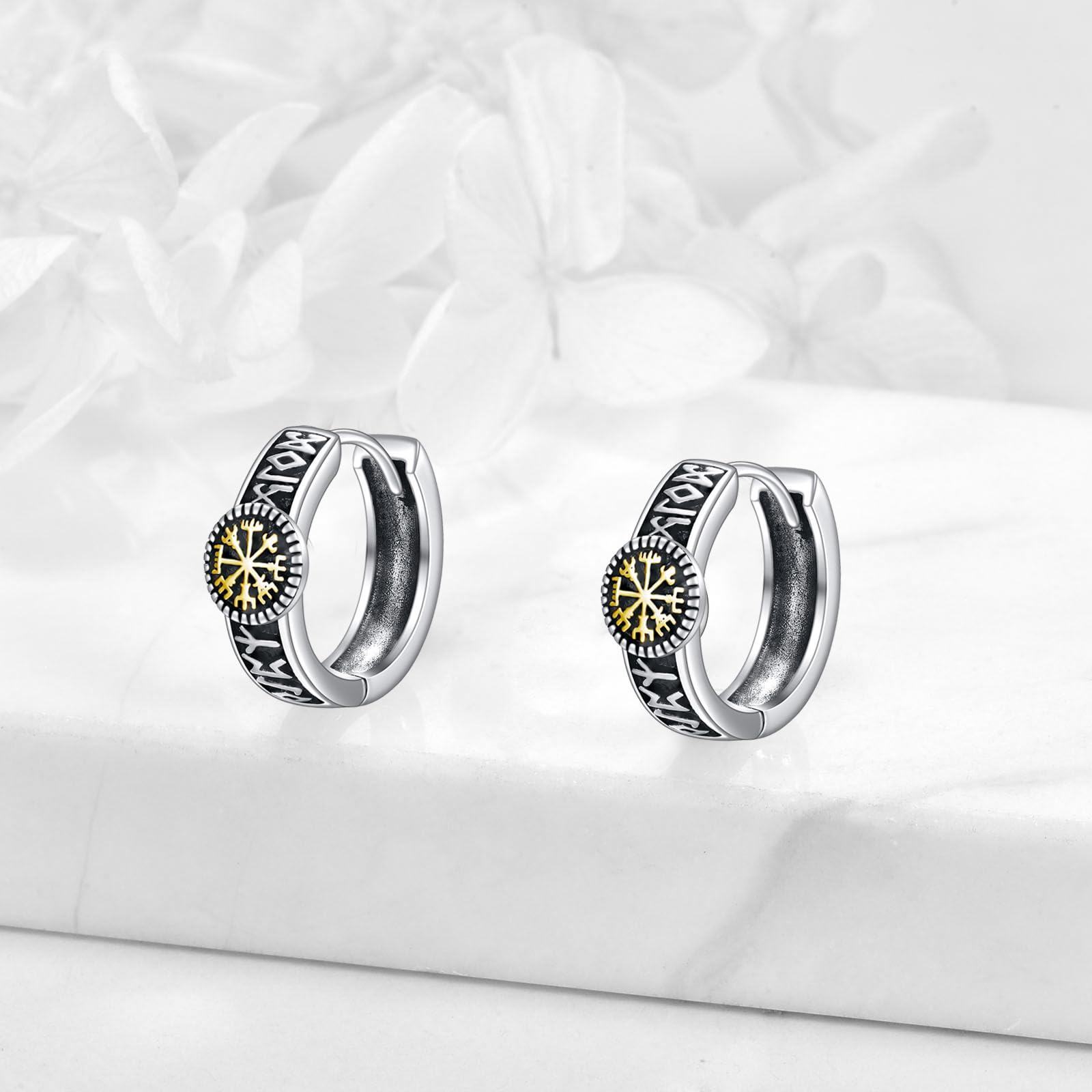 Viking Hoop Earrings for Men 925 Sterling Silver Viking Runes Earrings for Women Viking Jewelry 15mm Huggie Black Hoops