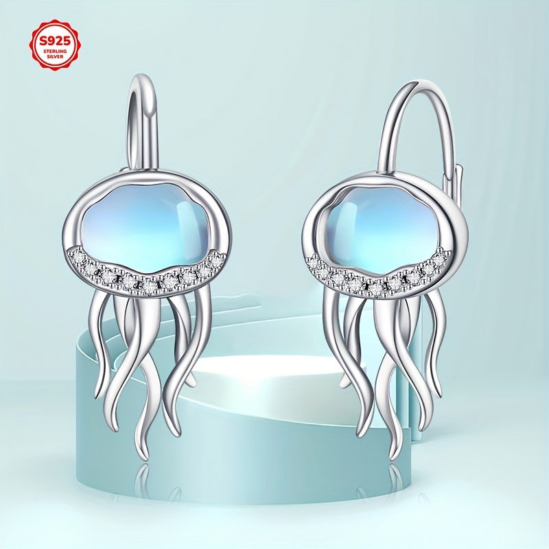 Jellyfish Earrings for Women 925 Sterling Silvery Synthetic Moonstone Leverback Earrings Ocean Hoop Bohemia Beach Jellyfish Jewelry