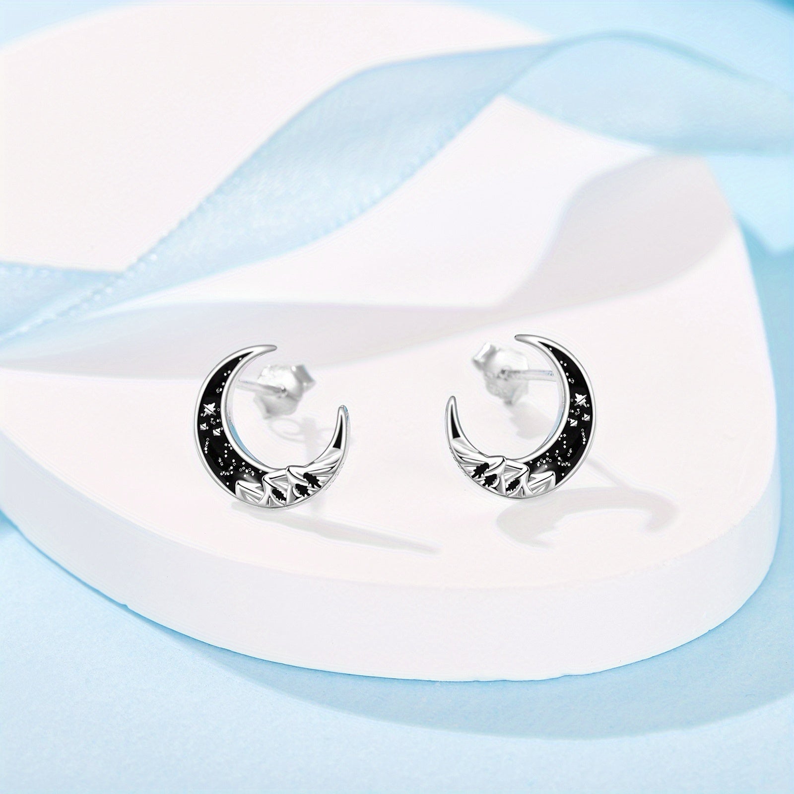 Black Mountain Moon Earrings for Women 925 Sterling Silvery Moon Stud Earrings Moon Jewelry
