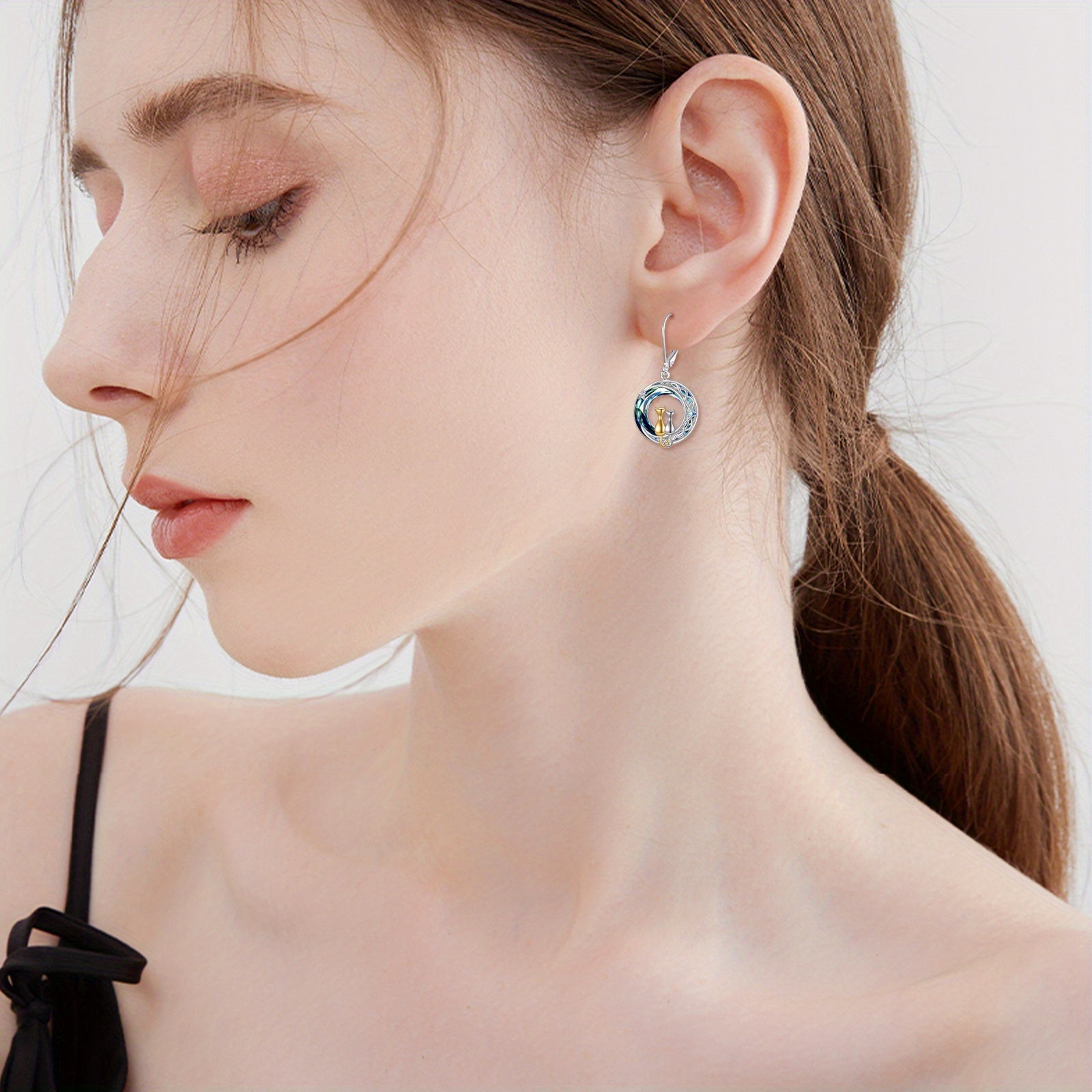 Blue Artificial Crystal Two Cat Earrings for Women - 925 Sterling Silver Moon Leverback Dangle Jewelry - Birthday Gifts for Her
