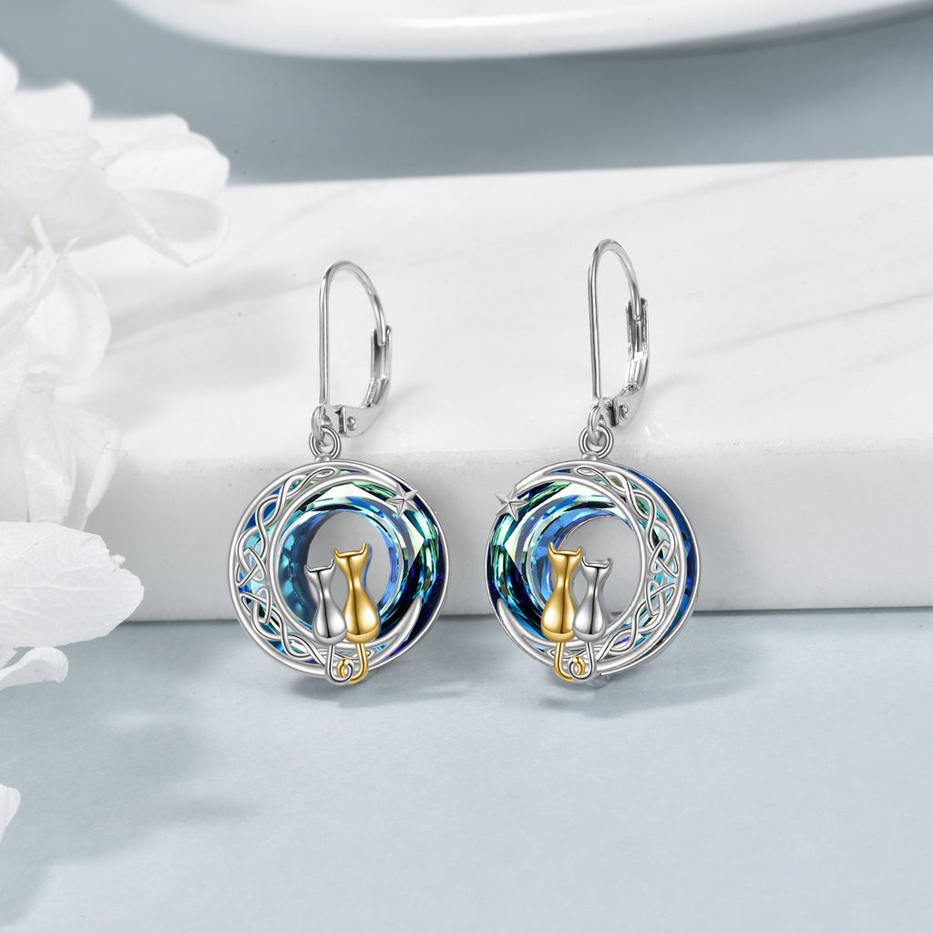 Blue Artificial Crystal Two Cat Earrings for Women - 925 Sterling Silver Moon Leverback Dangle Jewelry - Birthday Gifts for Her