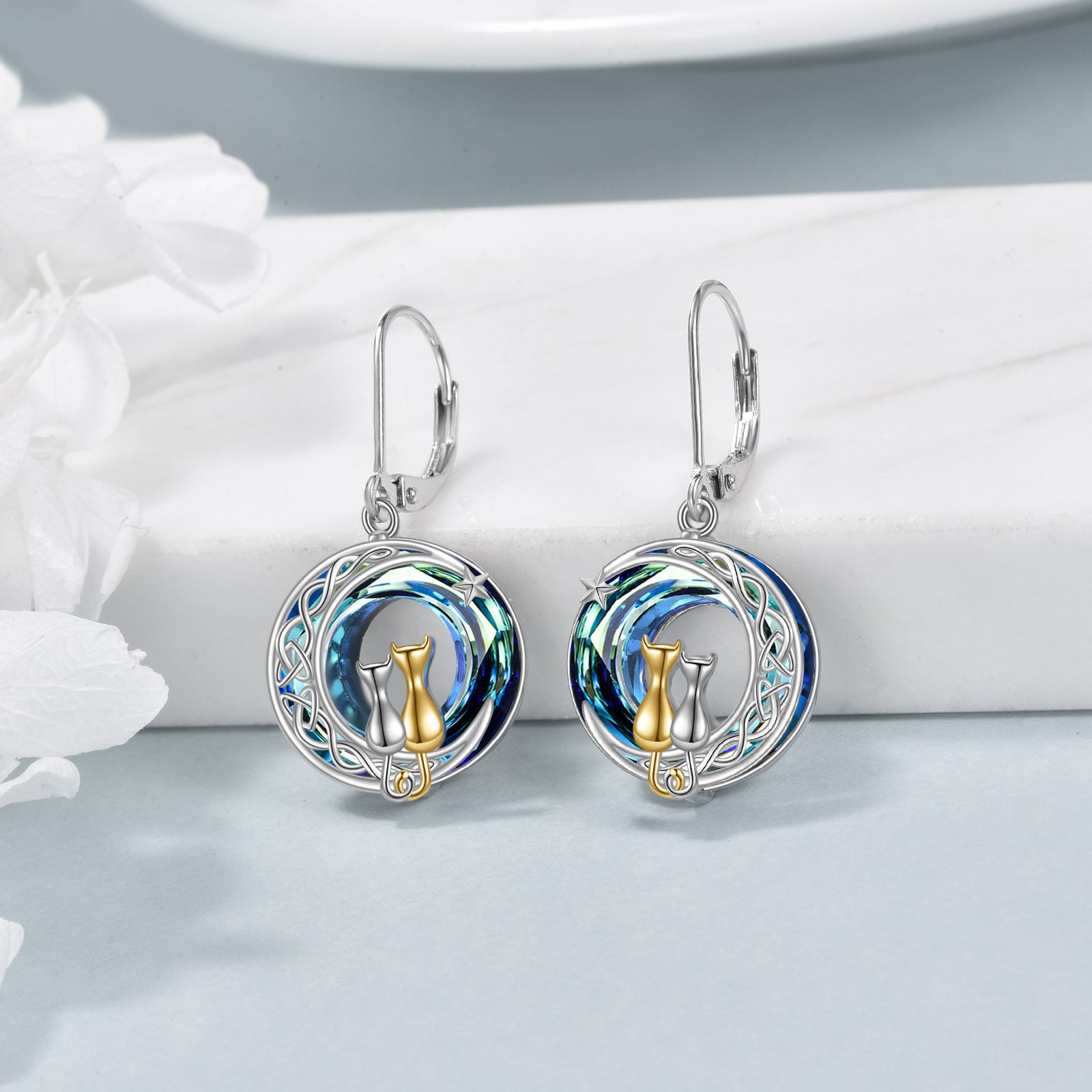 Blue Artificial Crystal Two Cat Earrings for Women - 925 Sterling Silver Moon Leverback Dangle Jewelry - Birthday Gifts for Her