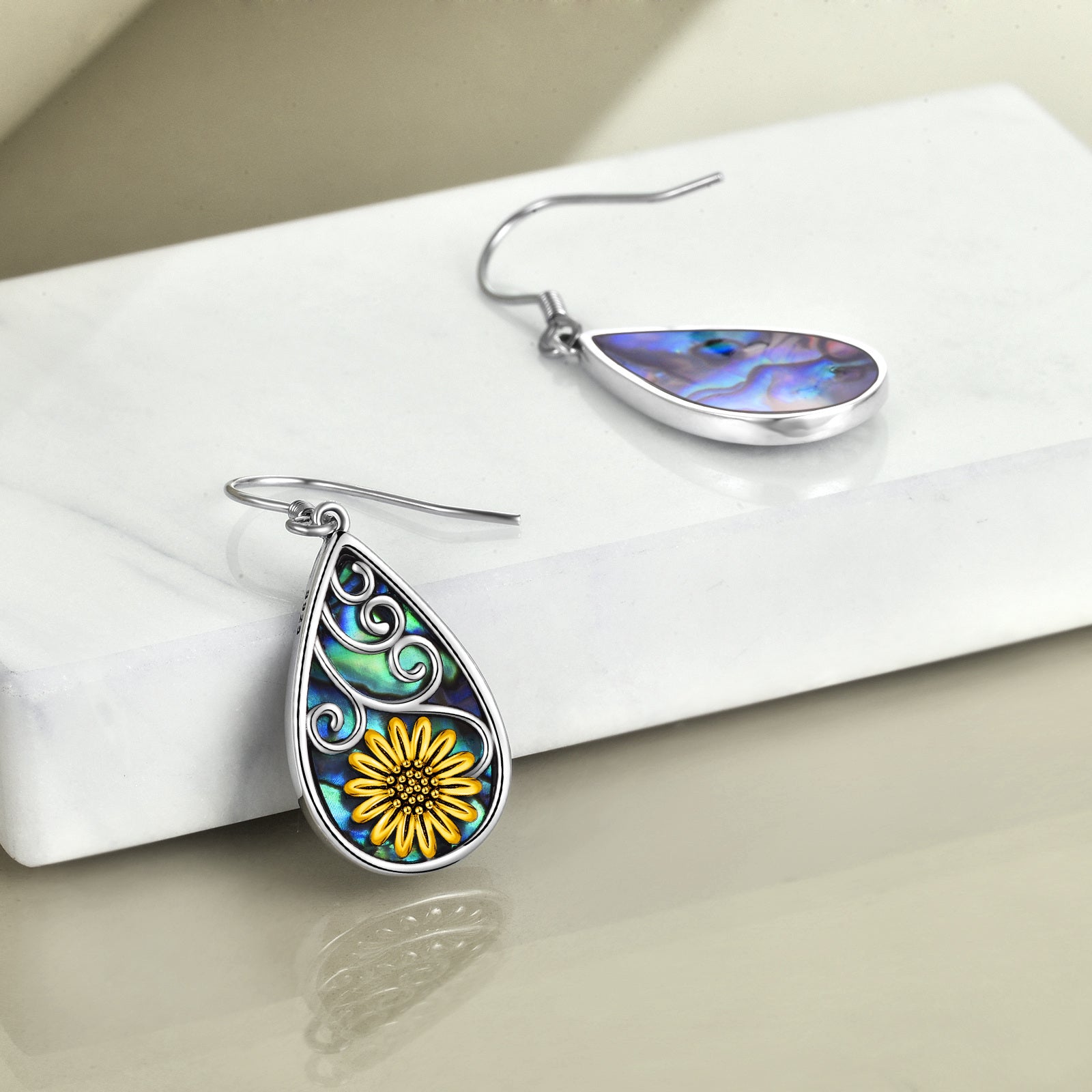 Sunflower Earrings for Women 925 Sterling Silver Teardrop Abalone Earrings Dangle Sunflower Jewelry Gifts Birthday
