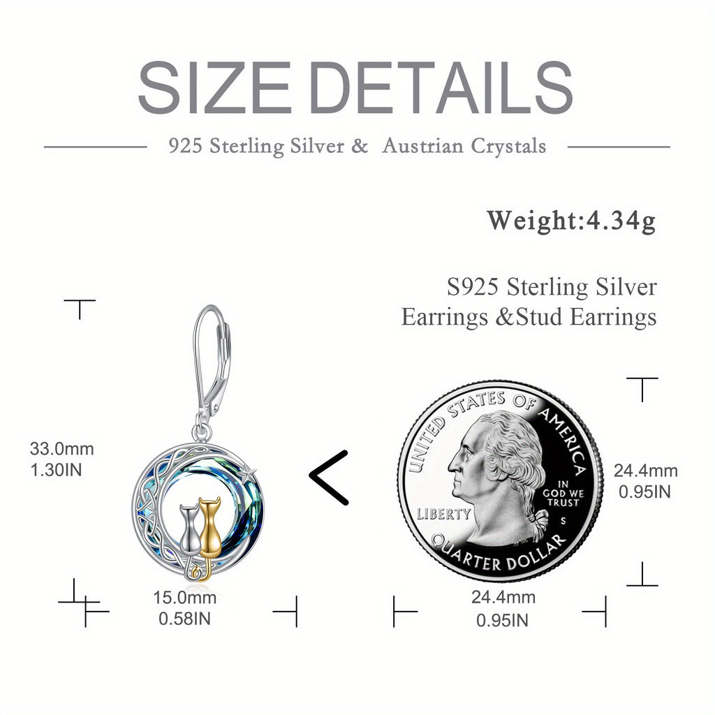 Blue Artificial Crystal Two Cat Earrings for Women - 925 Sterling Silver Moon Leverback Dangle Jewelry - Birthday Gifts for Her