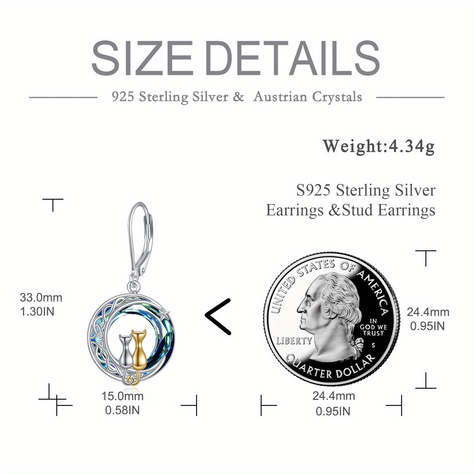 Blue Artificial Crystal Two Cat Earrings for Women - 925 Sterling Silver Moon Leverback Dangle Jewelry - Birthday Gifts for Her