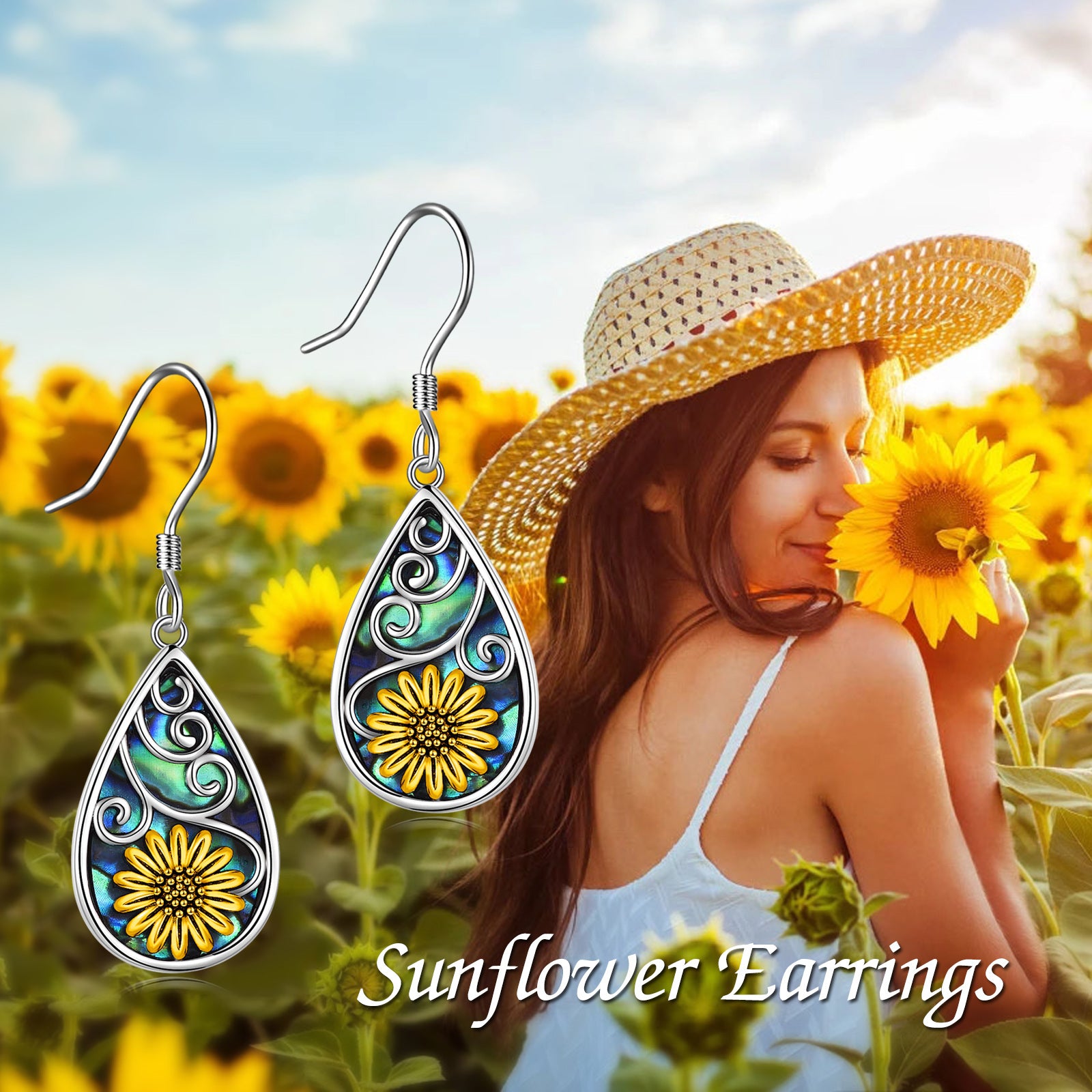 Sunflower Earrings for Women 925 Sterling Silver Teardrop Abalone Earrings Dangle Sunflower Jewelry Gifts Birthday