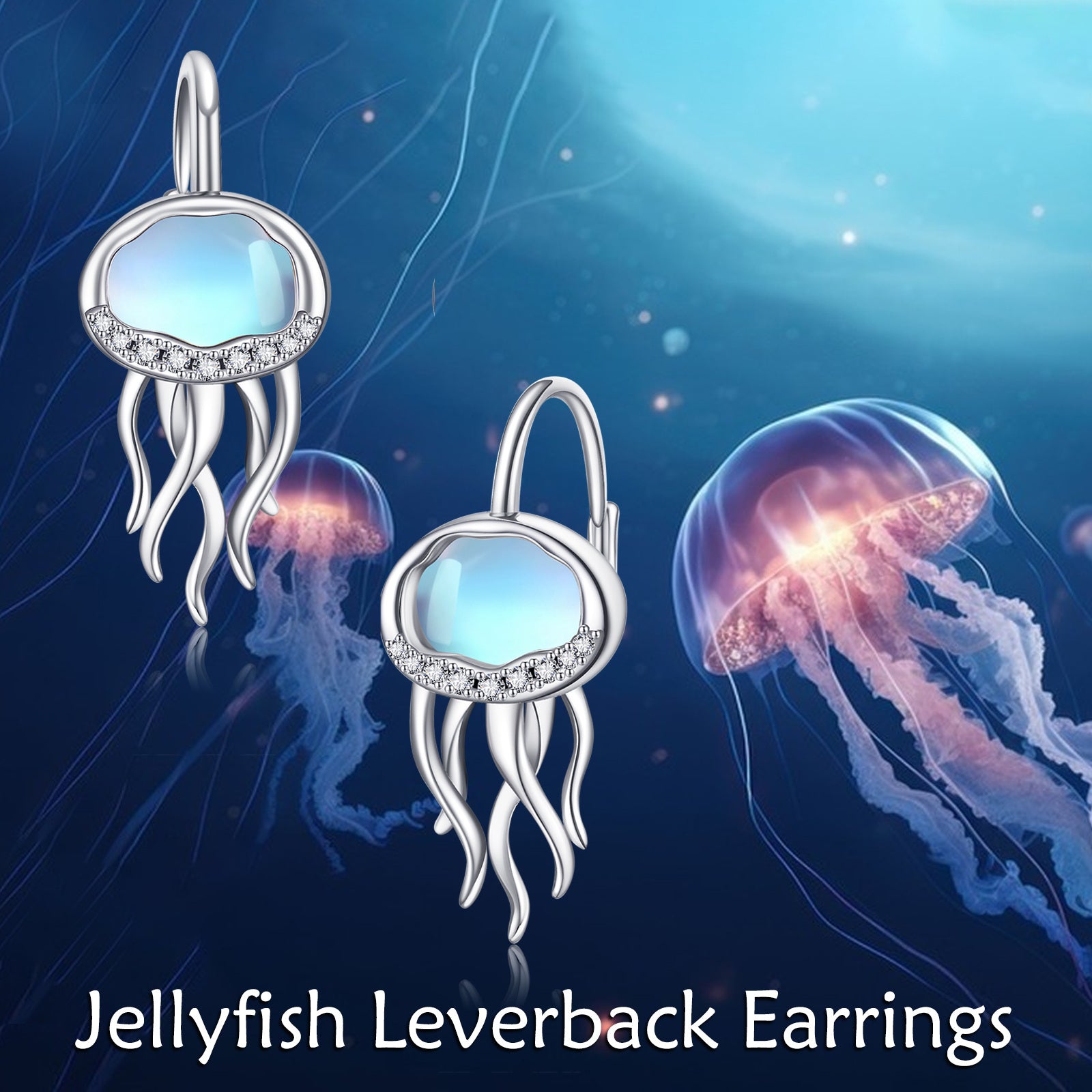 Jellyfish Earrings for Women 925 Sterling Silvery Synthetic Moonstone Leverback Earrings Ocean Hoop Bohemia Beach Jellyfish Jewelry
