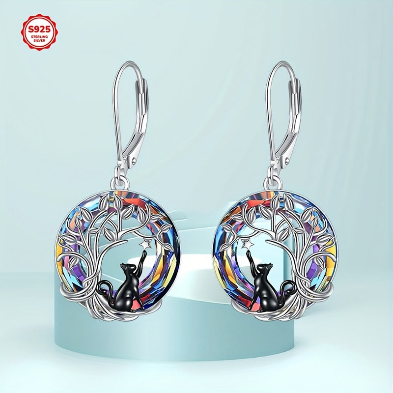 Black Cat Earrings for Women - 925 Sterling Silver Tree of Life Leverback Dangle Earrings with Volcano Artificial Crystal - Cat Jewelry Gifts for Birthday
