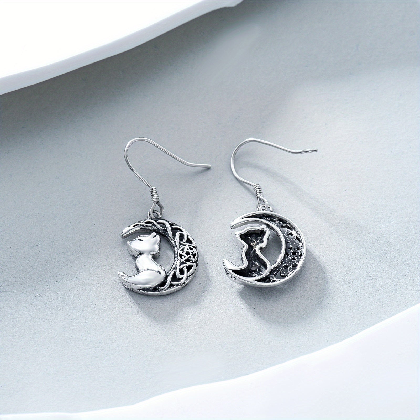 Moon Fox Earrings 925 Sterling Silver Celtic Fox Dangle Earrings Cute Animal Earrings Gift for Women