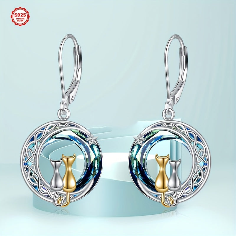 Blue Artificial Crystal Two Cat Earrings for Women - 925 Sterling Silver Moon Leverback Dangle Jewelry - Birthday Gifts for Her