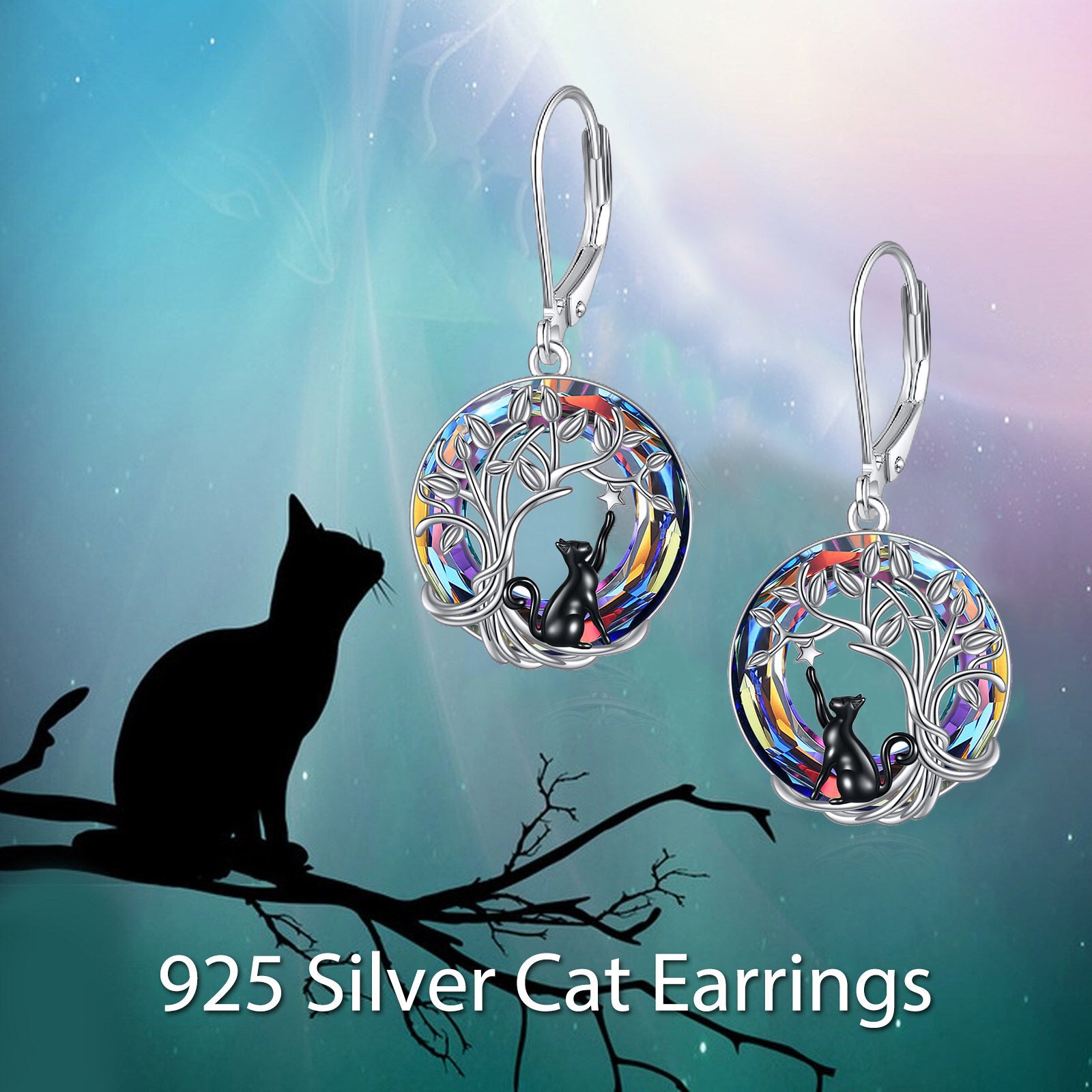 Black Cat Earrings for Women - 925 Sterling Silver Tree of Life Leverback Dangle Earrings with Volcano Artificial Crystal - Cat Jewelry Gifts for Birthday