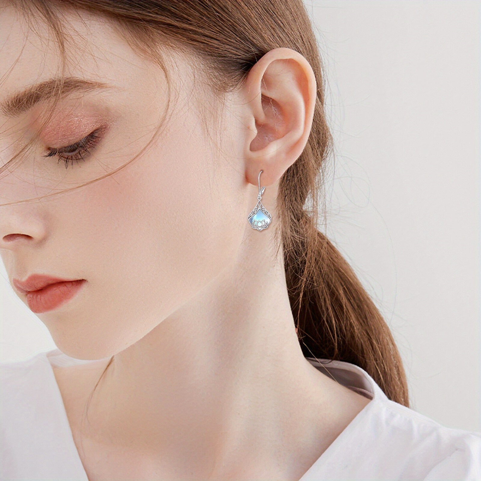 for Lotus Flower Earrings 925 Sterling Silvery Teardrop Synthetic Moonstone Dangle Earrings for Women for Lotus Jewelry Birthday