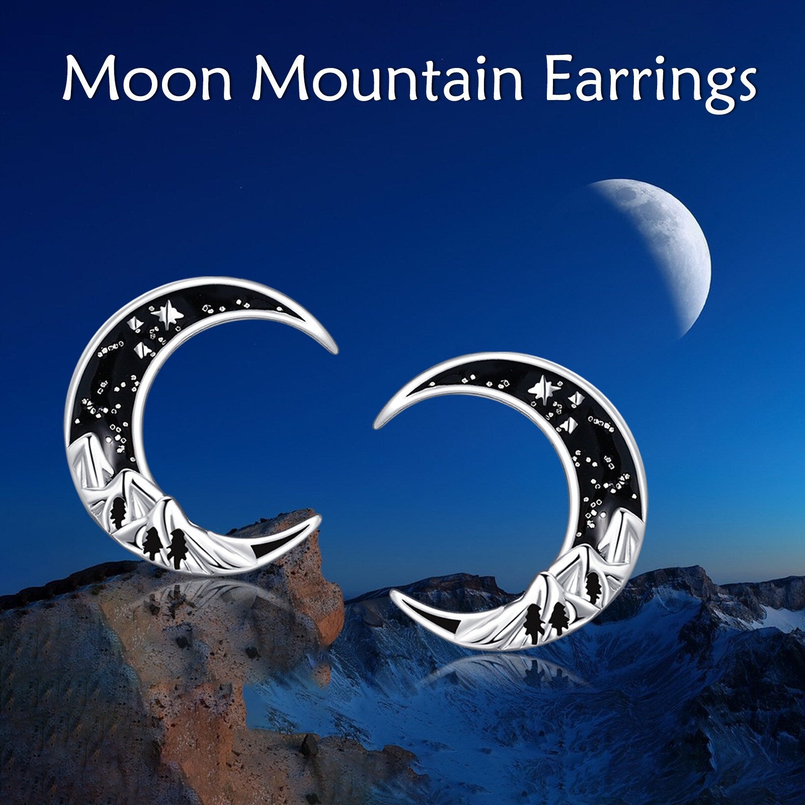 Black Mountain Moon Earrings for Women 925 Sterling Silvery Moon Stud Earrings Moon Jewelry