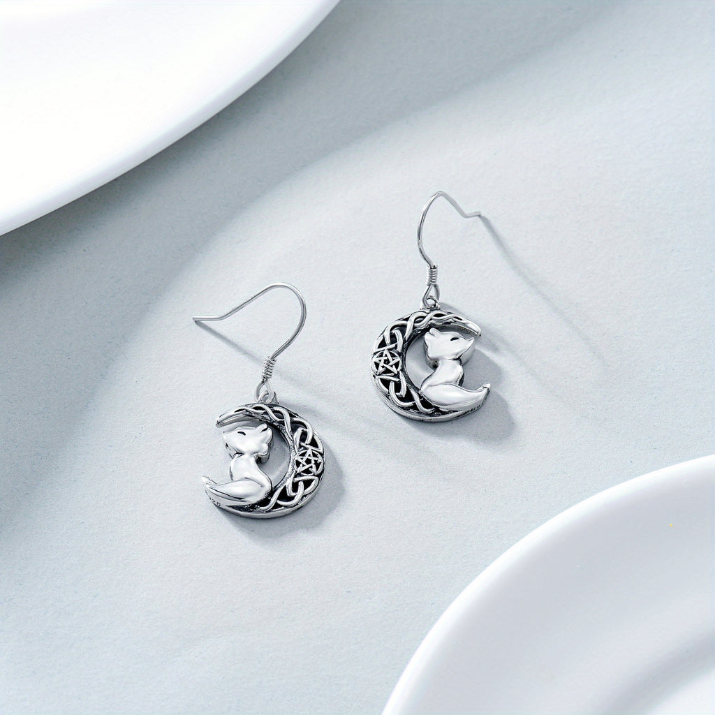 Moon Fox Earrings 925 Sterling Silver Celtic Fox Dangle Earrings Cute Animal Earrings Gift for Women