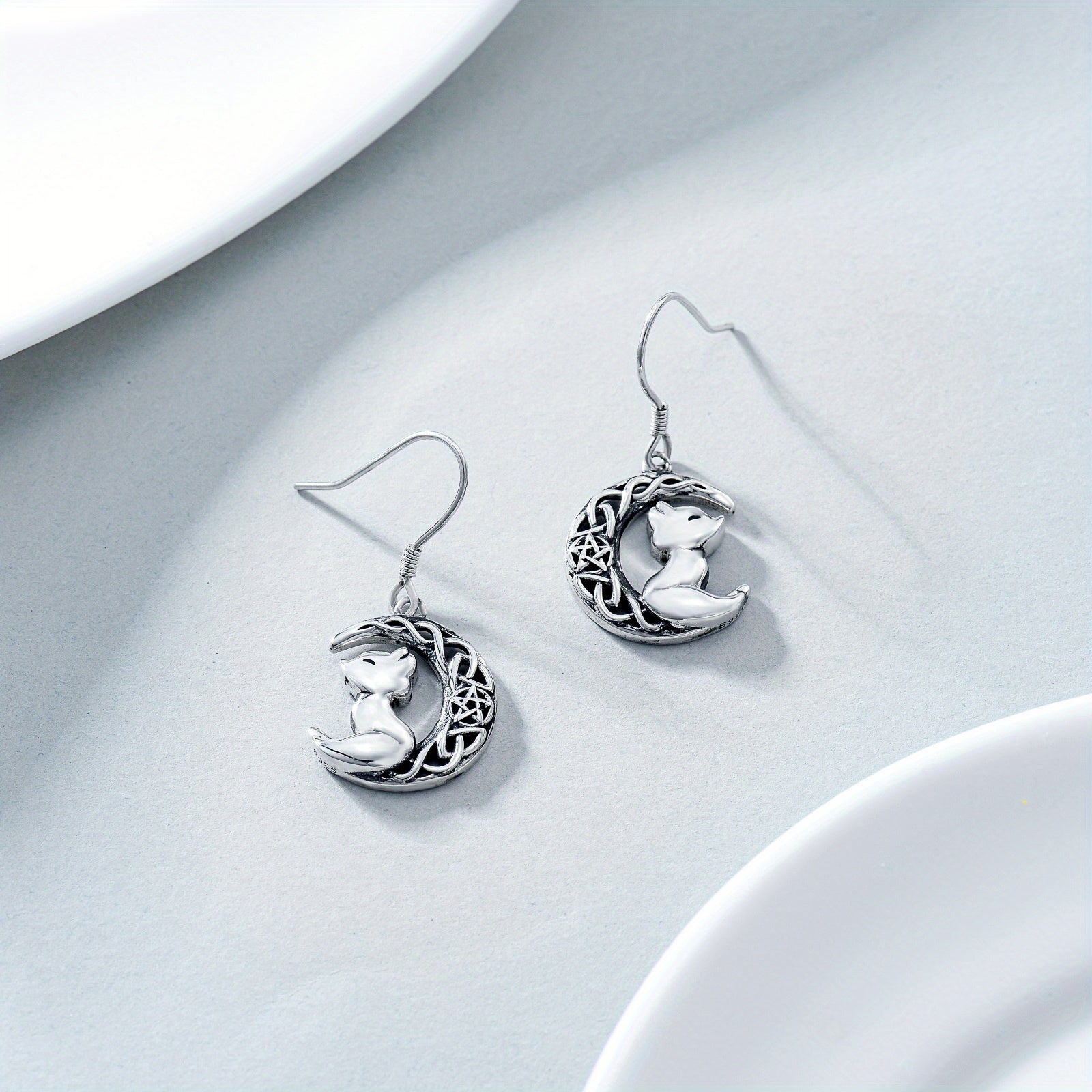 Moon Fox Earrings 925 Sterling Silver Celtic Fox Dangle Earrings Cute Animal Earrings Gift for Women