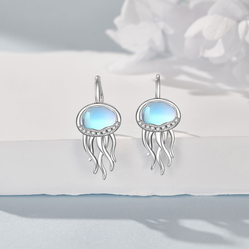 Jellyfish Earrings for Women 925 Sterling Silvery Synthetic Moonstone Leverback Earrings Ocean Hoop Bohemia Beach Jellyfish Jewelry