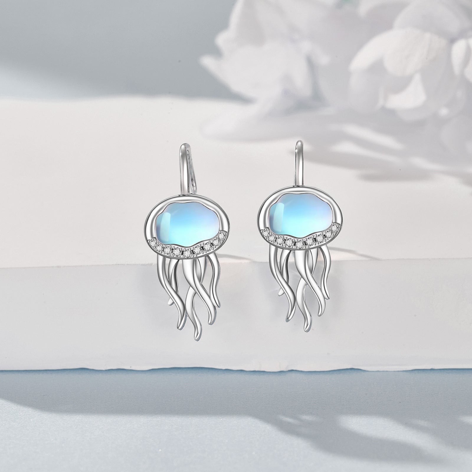 Jellyfish Earrings for Women 925 Sterling Silvery Synthetic Moonstone Leverback Earrings Ocean Hoop Bohemia Beach Jellyfish Jewelry