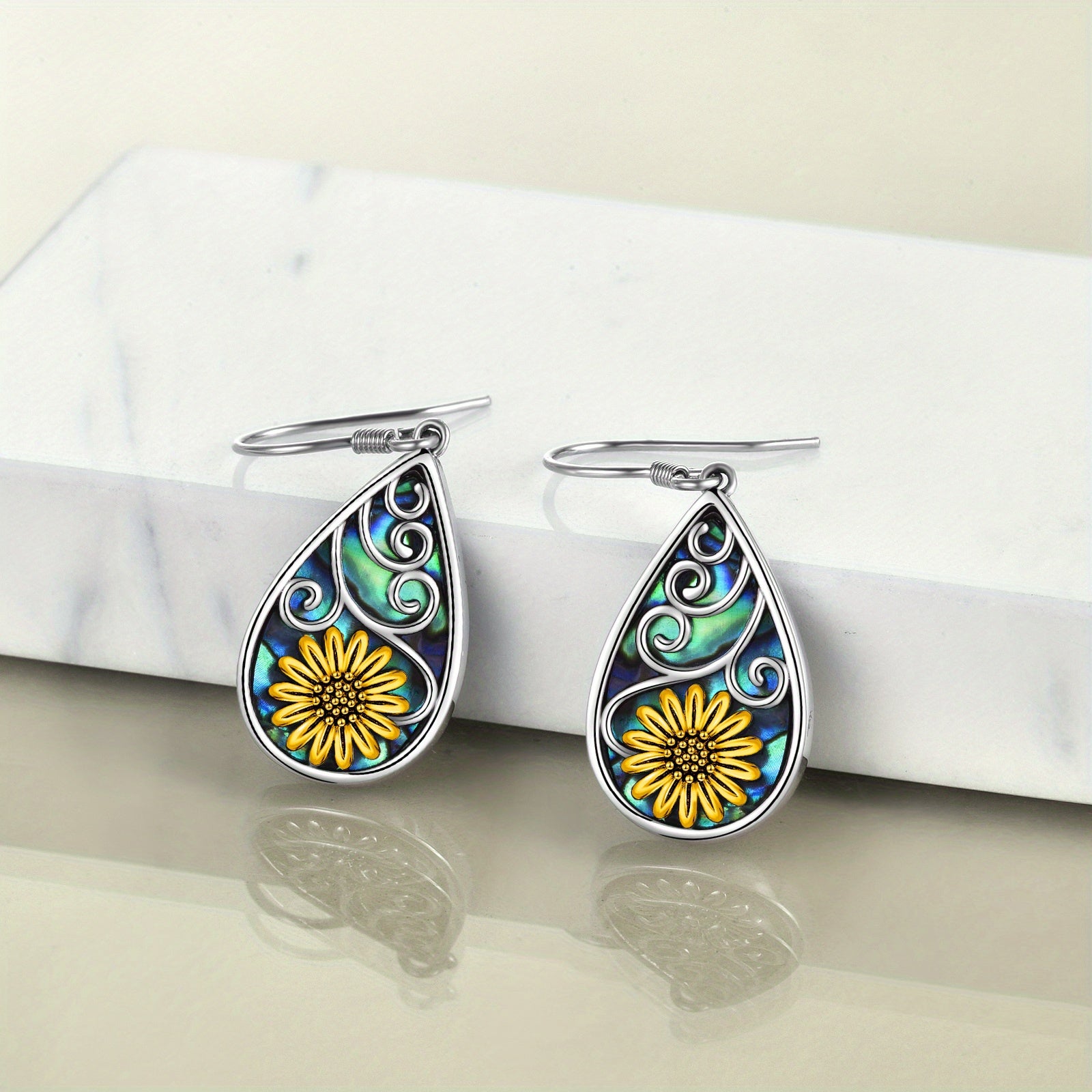 Sunflower Earrings for Women 925 Sterling Silver Teardrop Abalone Earrings Dangle Sunflower Jewelry Gifts Birthday
