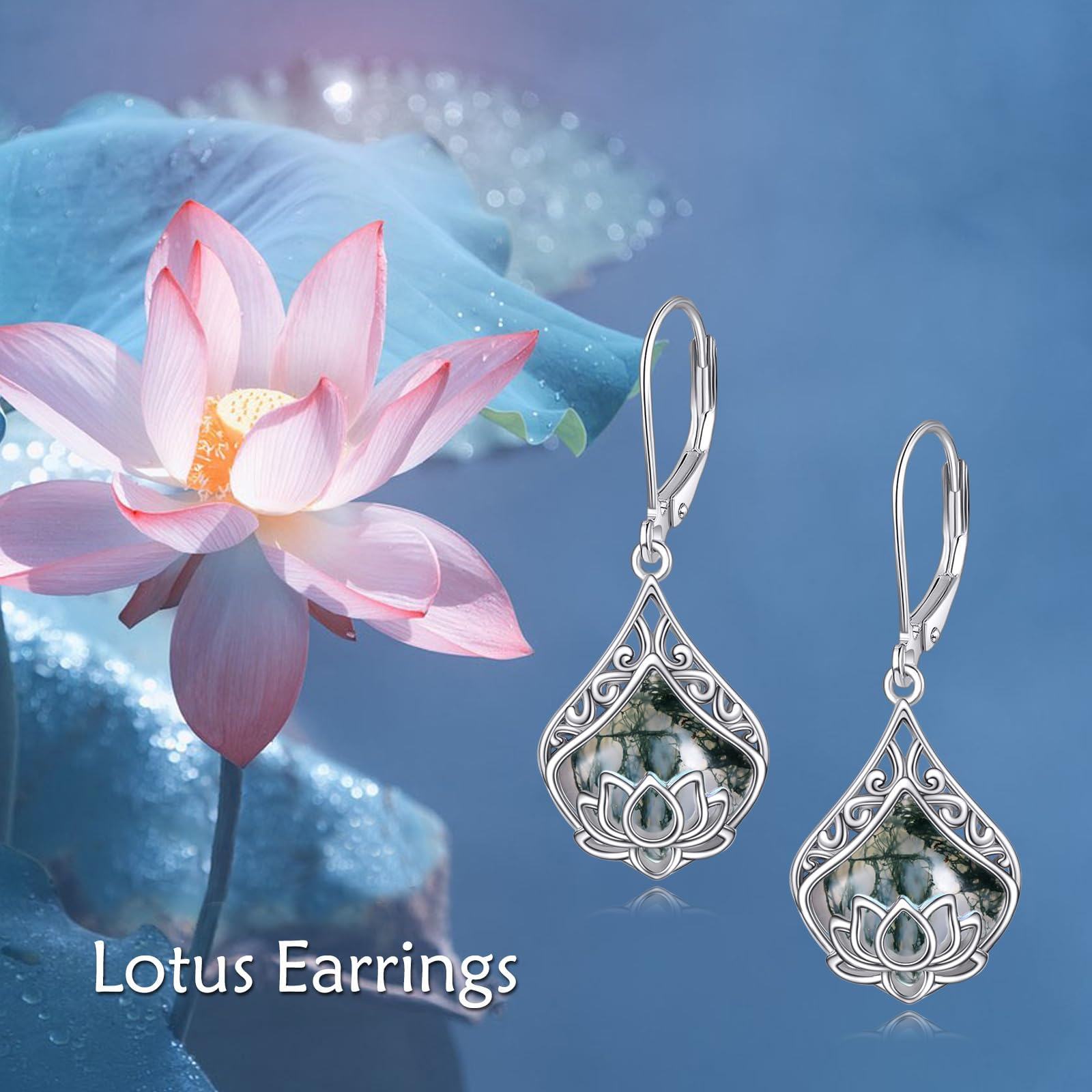 Lotus Flower Earrings 925 Sterling Silver Teardrop Leaf Moss Agate Dangle Earrings for Women Lotus Jewelry Birthday