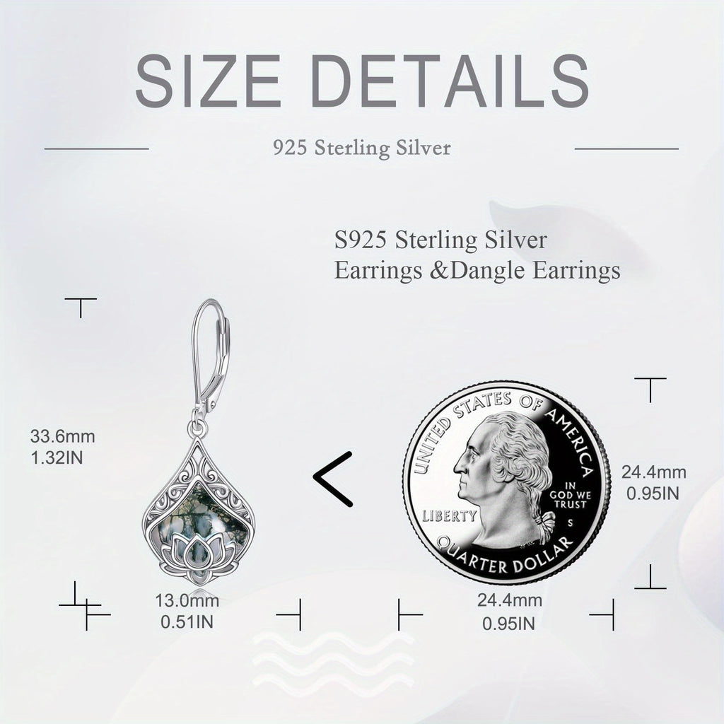 Lotus Flower Earrings 925 Sterling Silver Teardrop Leaf Moss Agate Dangle Earrings for Women Lotus Jewelry Birthday