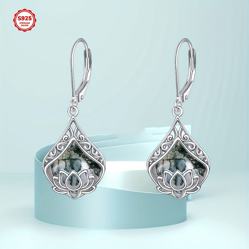 Lotus Flower Earrings 925 Sterling Silver Teardrop Leaf Moss Agate Dangle Earrings for Women Lotus Jewelry Birthday