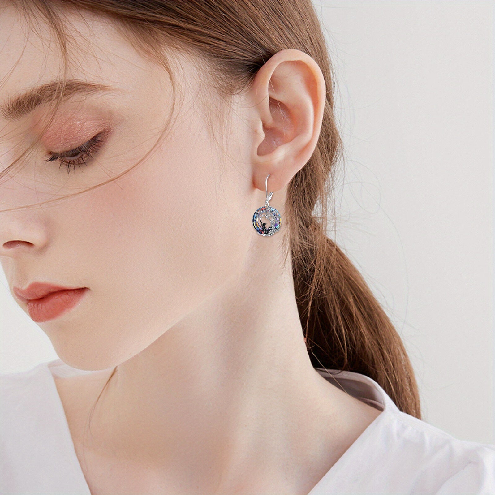 Black Cat Earrings for Women - 925 Sterling Silver Tree of Life Leverback Dangle Earrings with Volcano Artificial Crystal - Cat Jewelry Gifts for Birthday