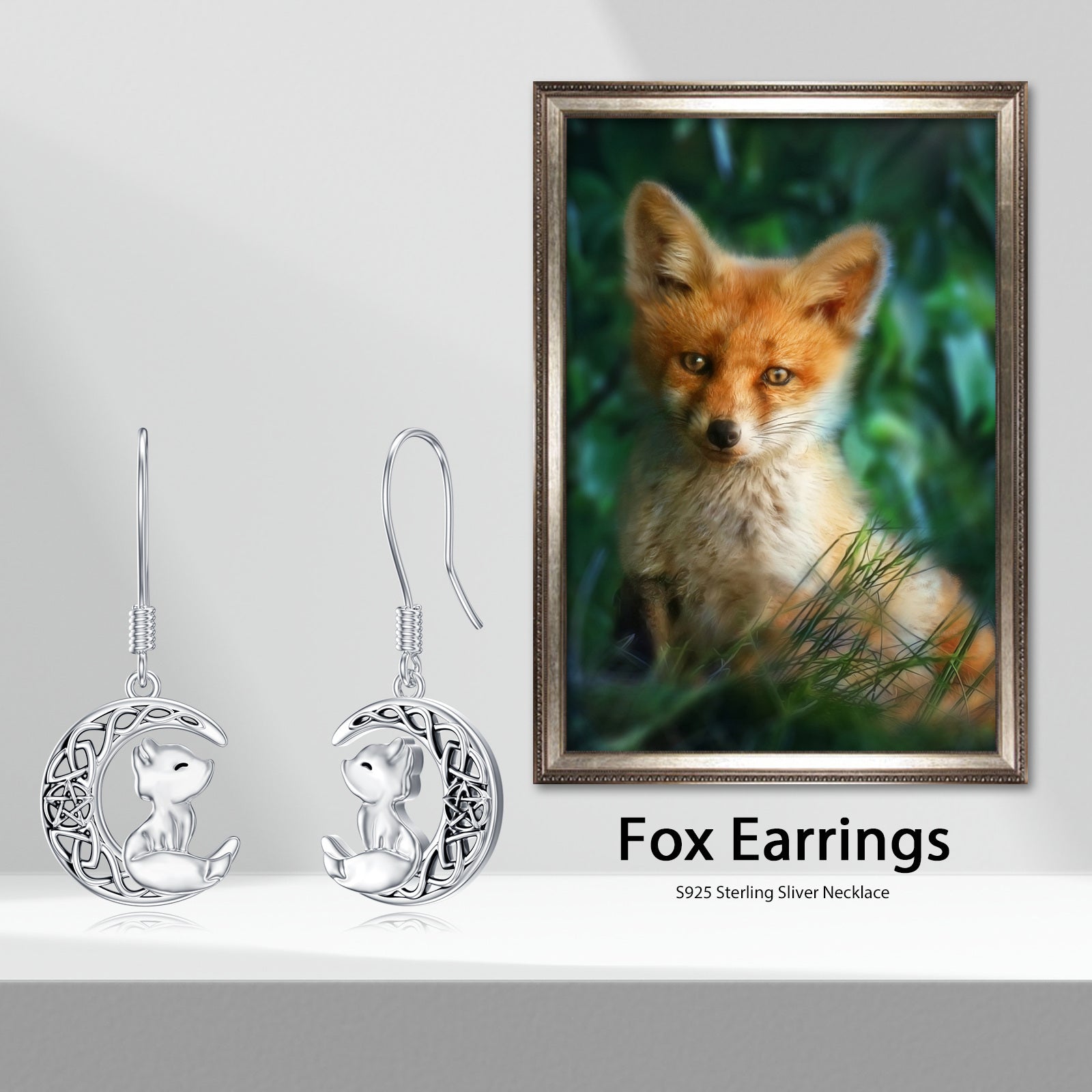 Moon Fox Earrings 925 Sterling Silver Celtic Fox Dangle Earrings Cute Animal Earrings Gift for Women