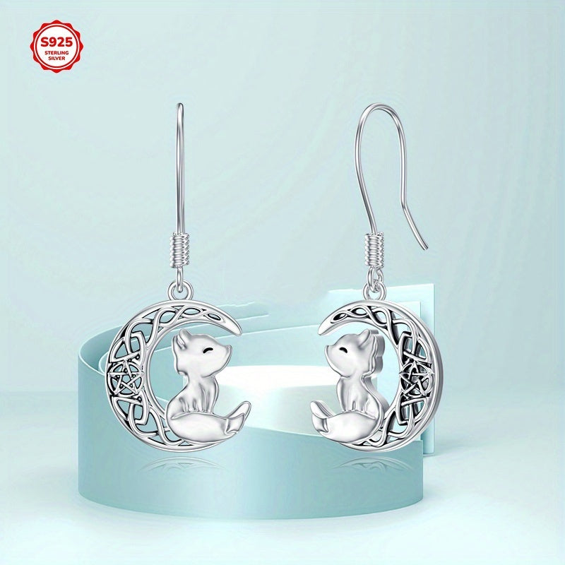 Moon Fox Earrings 925 Sterling Silver Celtic Fox Dangle Earrings Cute Animal Earrings Gift for Women