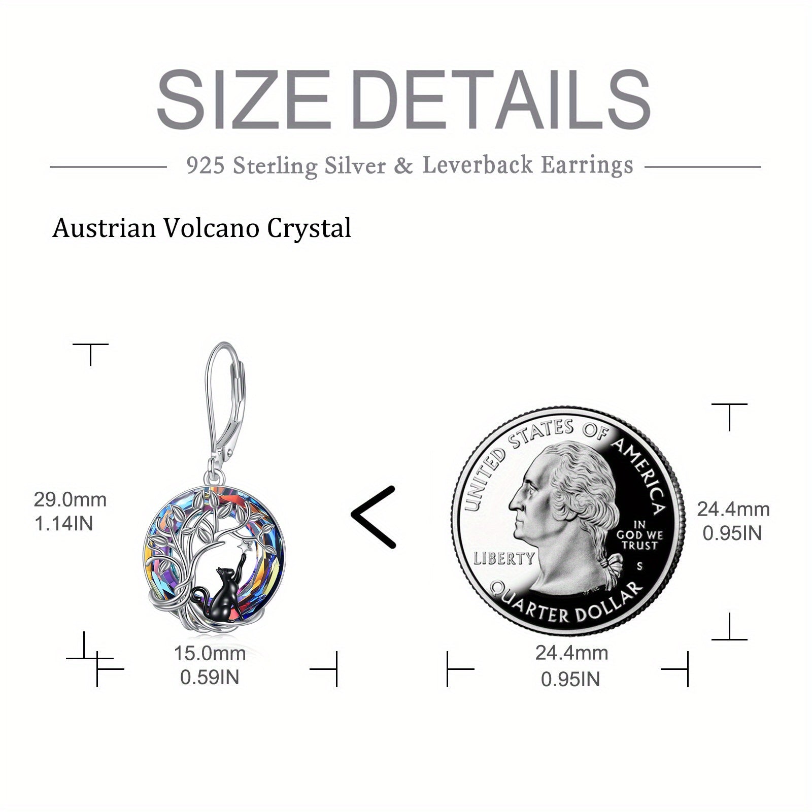 Black Cat Earrings for Women - 925 Sterling Silver Tree of Life Leverback Dangle Earrings with Volcano Artificial Crystal - Cat Jewelry Gifts for Birthday